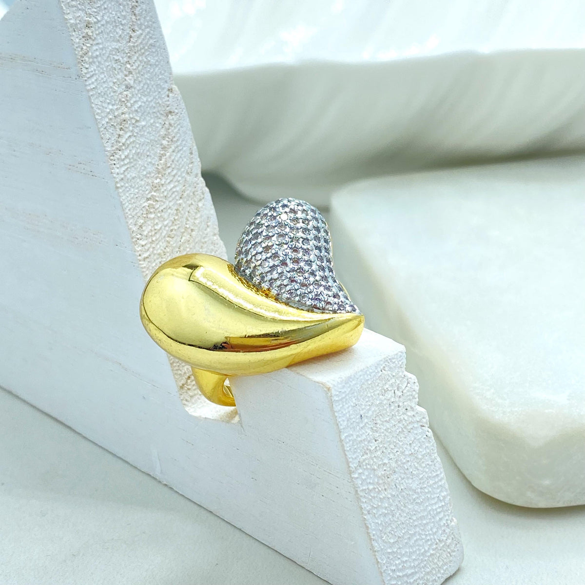Gold Plated Adjustable Heart Ring, Half Pave Design, Romantic Statement Jewelry, Wholesale Jewelry