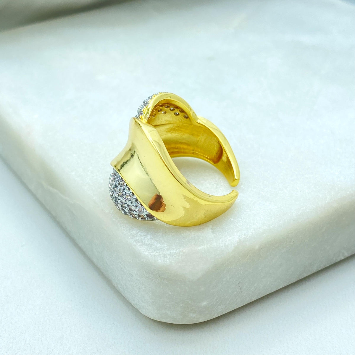 Gold Plated Adjustable Statement Ring, Wide Band Pave Design, Elegant CZ Details, Wholesale Jewelry