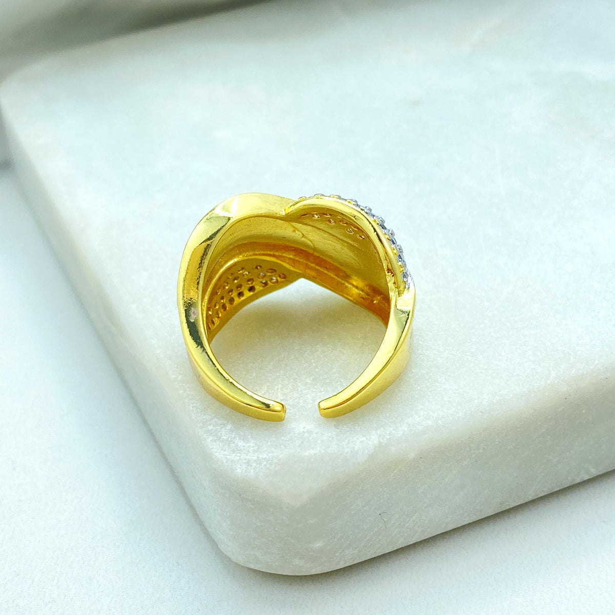 Gold Plated Adjustable Statement Ring, Wide Band Pave Design, Elegant CZ Details, Wholesale Jewelry
