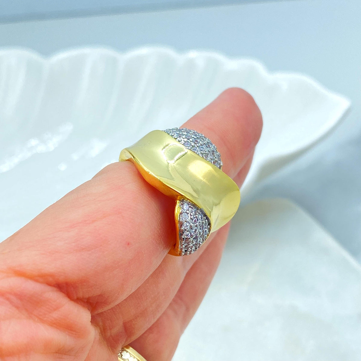 Gold Plated Adjustable Statement Ring, Wide Band Pave Design, Elegant CZ Details, Wholesale Jewelry