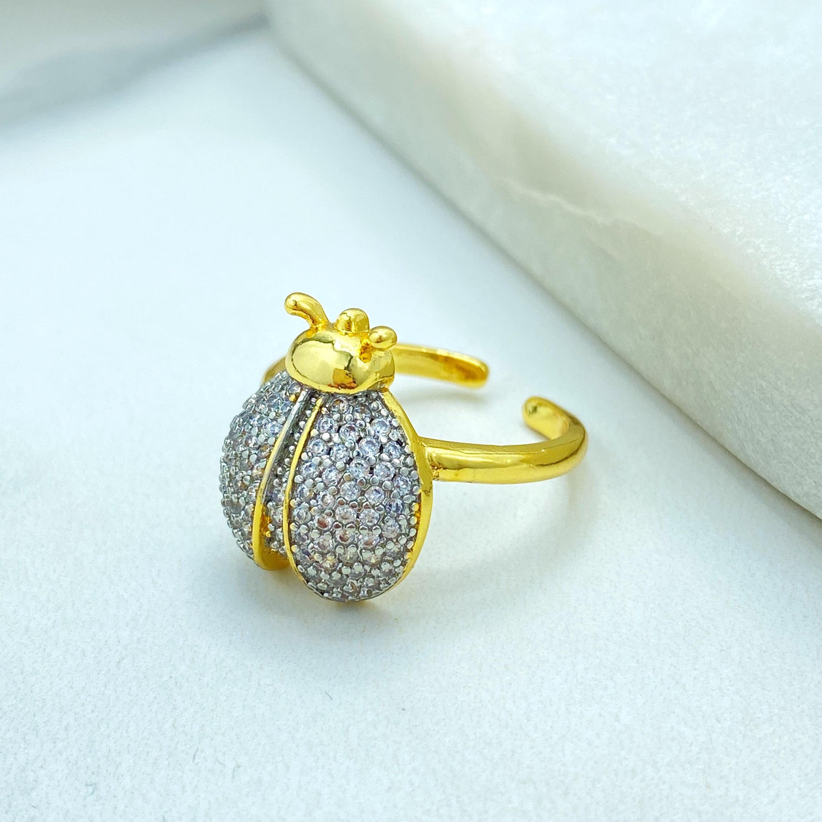 Gold Plated Adjustable Ladybug Ring, CZ Pave Insect Design, Cute Elegant Jewelry, Wholesale Jewelry