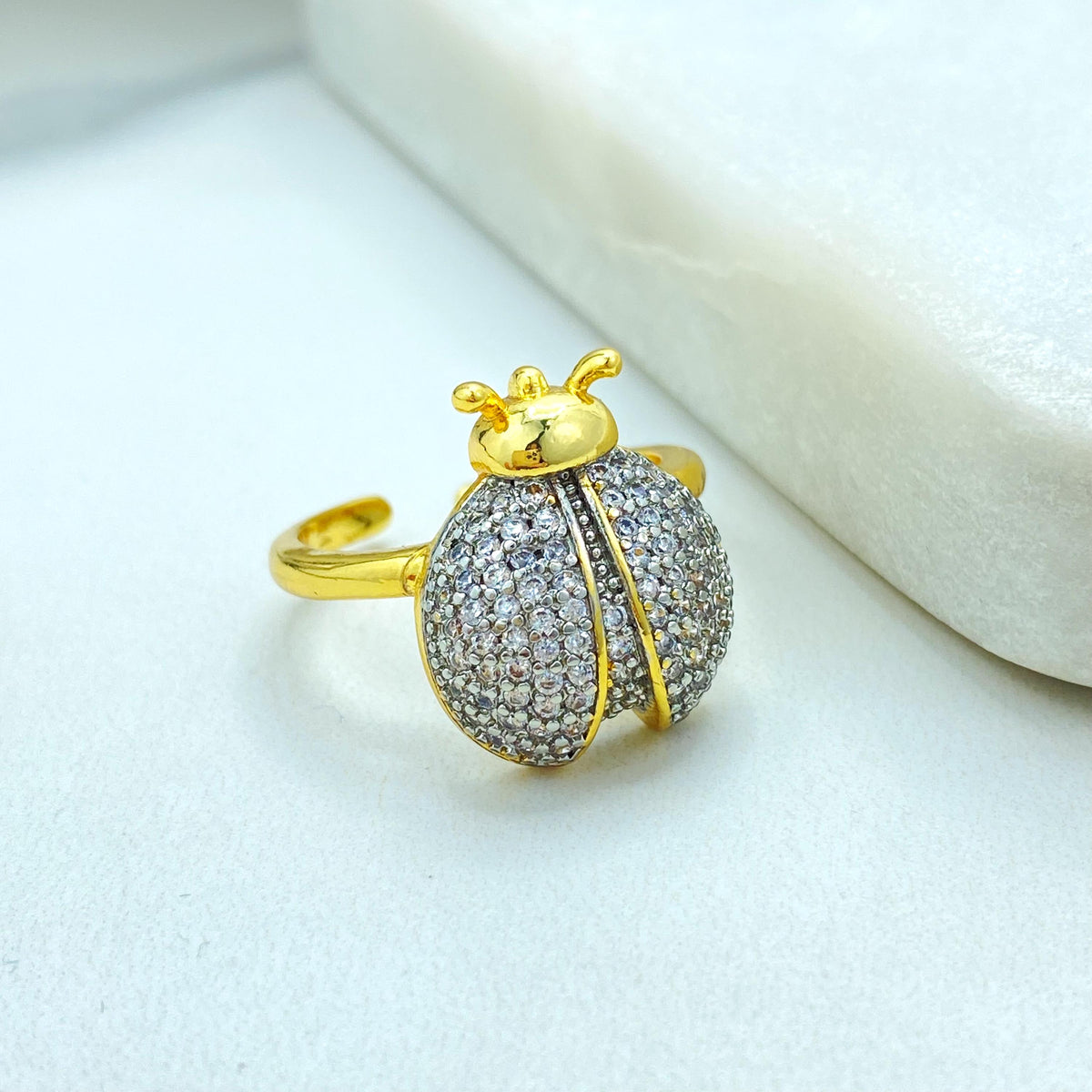 Gold Plated Adjustable Ladybug Ring, CZ Pave Insect Design, Cute Elegant Jewelry, Wholesale Jewelry