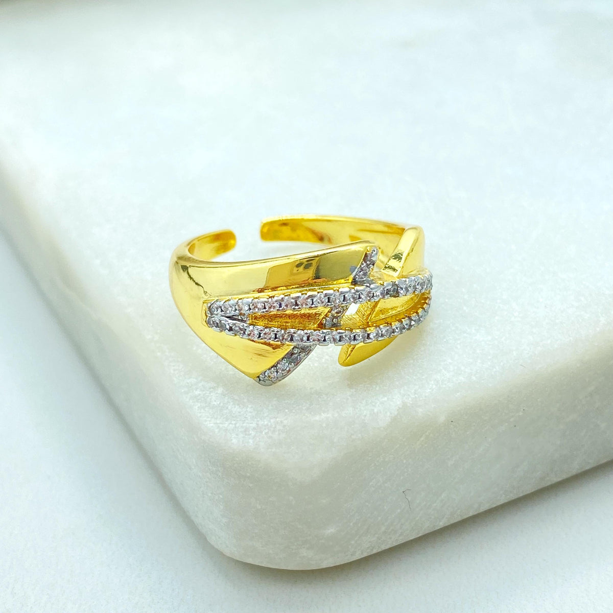 Gold Plated Adjustable Ring, Interlaced CZ Pave Design, Modern Statement Jewelry, Wholesale Jewelry