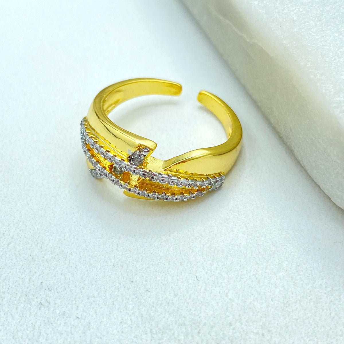 Gold Plated Adjustable Ring, Interlaced CZ Pave Design, Modern Statement Jewelry, Wholesale Jewelry