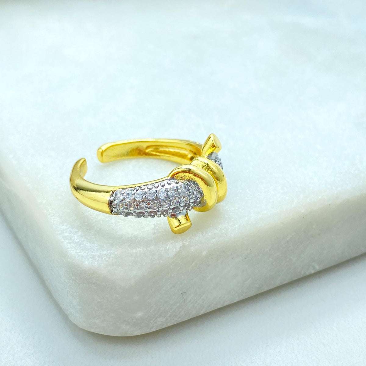 Gold Plated Adjustable Knot Ring, CZ Pave Detailing, Modern Elegant Statement Jewelry, Wholesale Jewelry