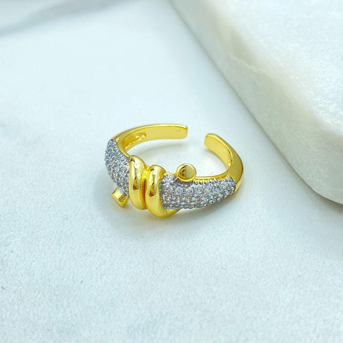 Gold Plated Adjustable Knot Ring, CZ Pave Detailing, Modern Elegant Statement Jewelry, Wholesale Jewelry