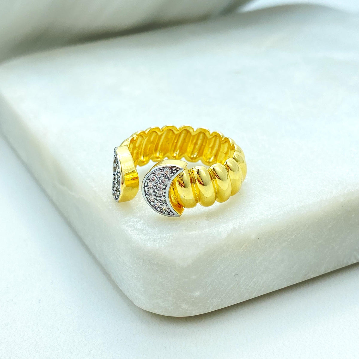 Gold Plated Adjustable Moon Ring, Double Crescent Design with CZ Pave, Wholesale Jewelry