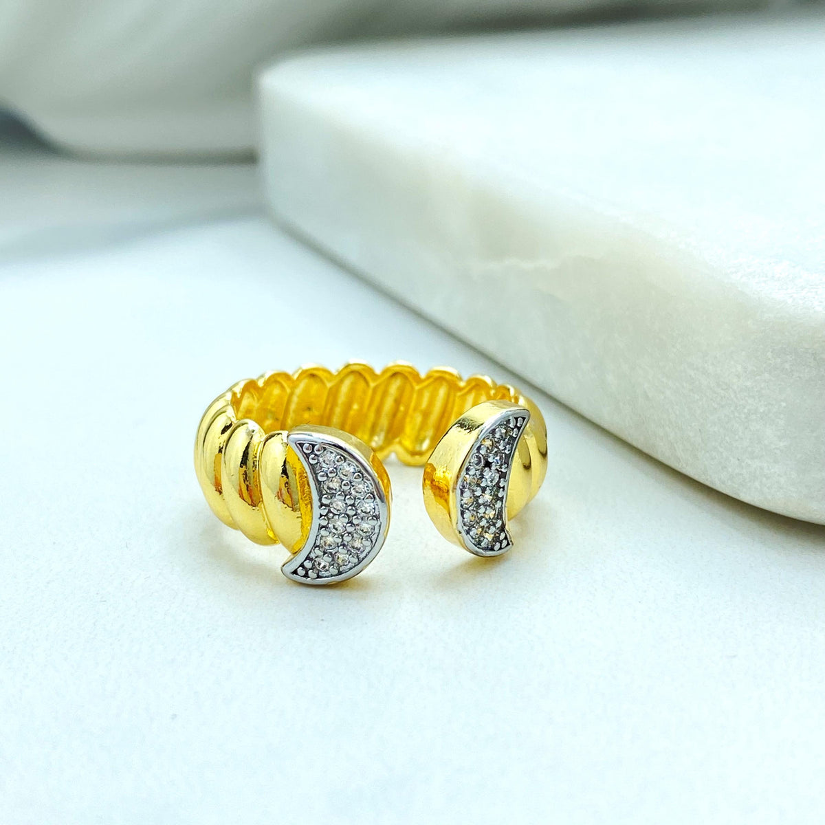 Gold Plated Adjustable Moon Ring, Double Crescent Design with CZ Pave, Wholesale Jewelry