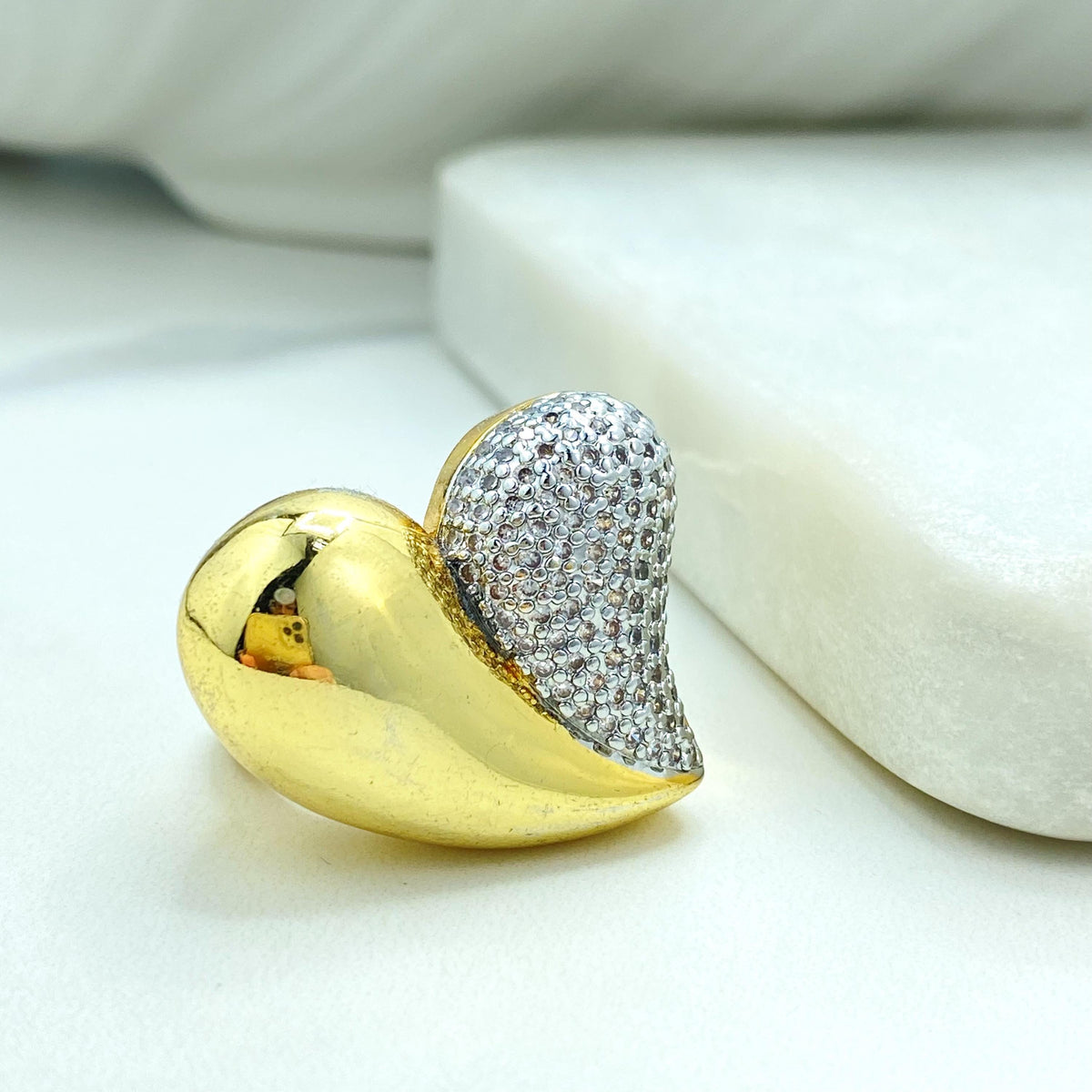 Gold Plated Adjustable Heart Ring, Half Pave Design, Romantic Statement Jewelry, Wholesale Jewelry