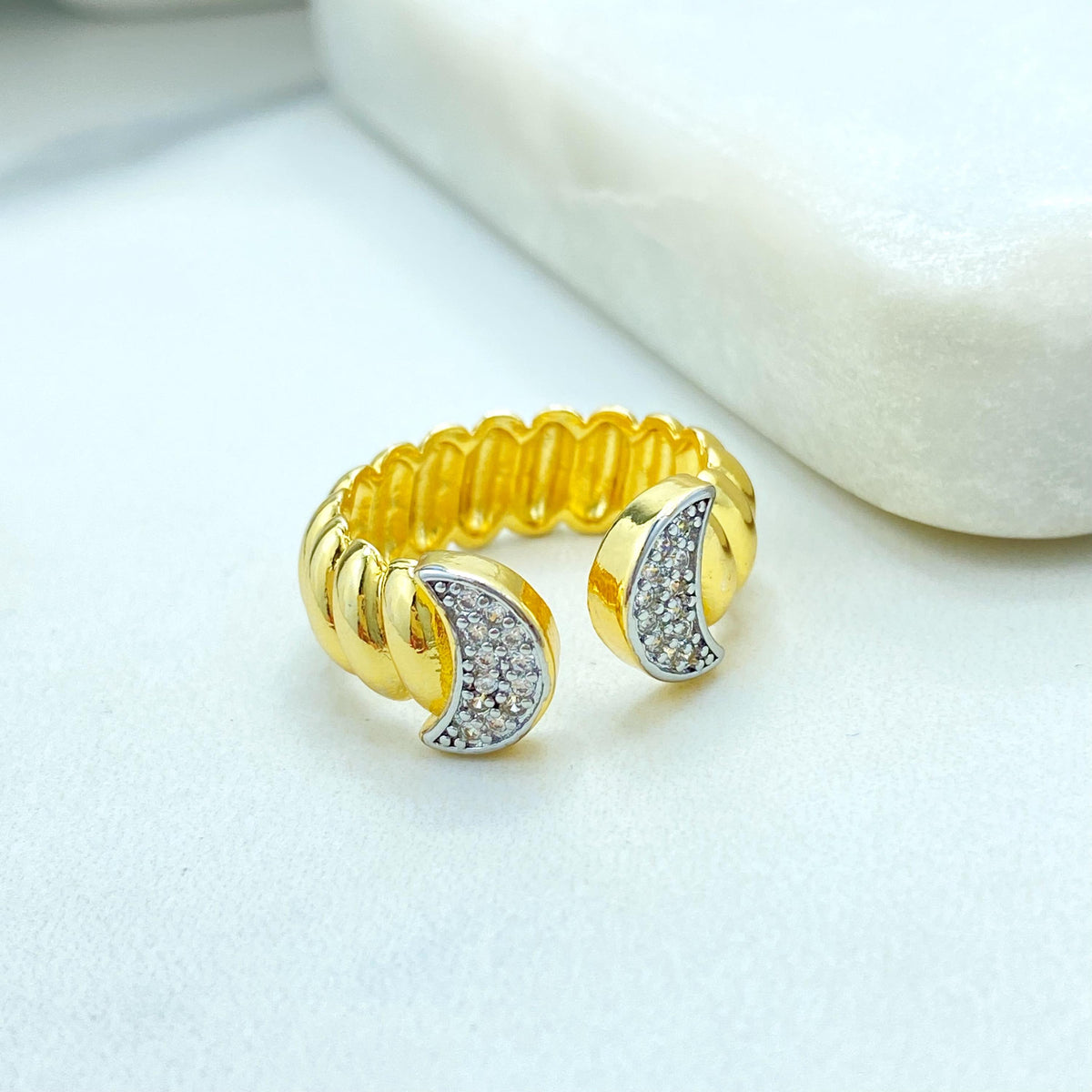 Gold Plated Adjustable Moon Ring, Double Crescent Design with CZ Pave, Wholesale Jewelry