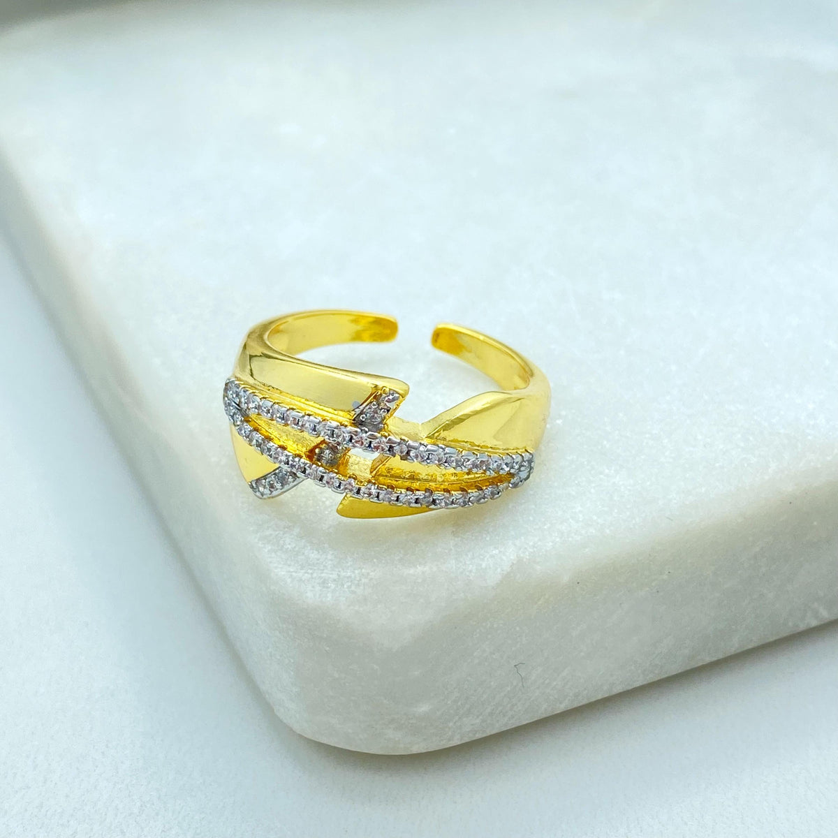 Gold Plated Adjustable Ring, Interlaced CZ Pave Design, Modern Statement Jewelry, Wholesale Jewelry