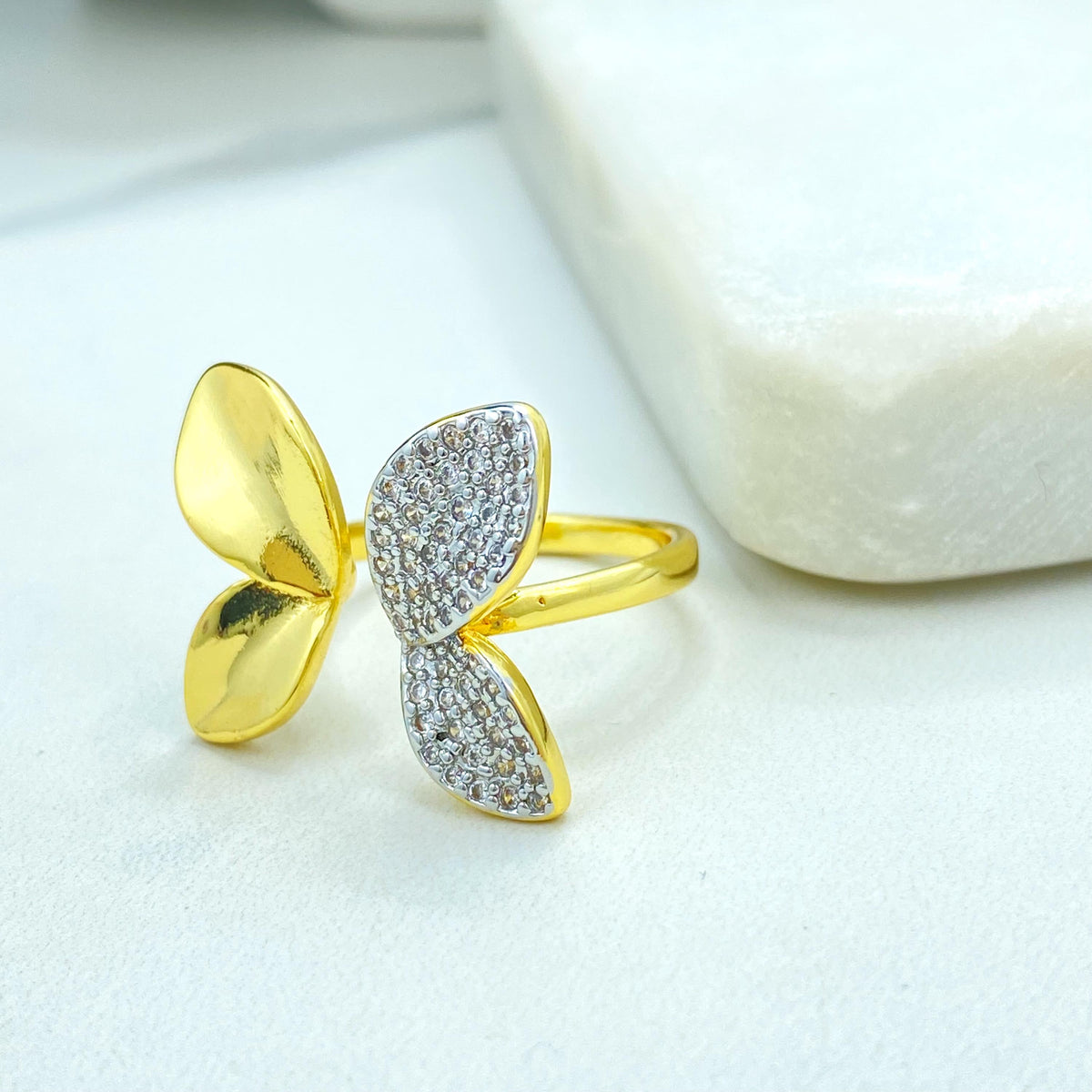 Gold Plated Adjustable Leaf Ring, Butterfly Inspired Double CZ Pave Design, Elegant Nature Jewelry, Wholesale Jewelry