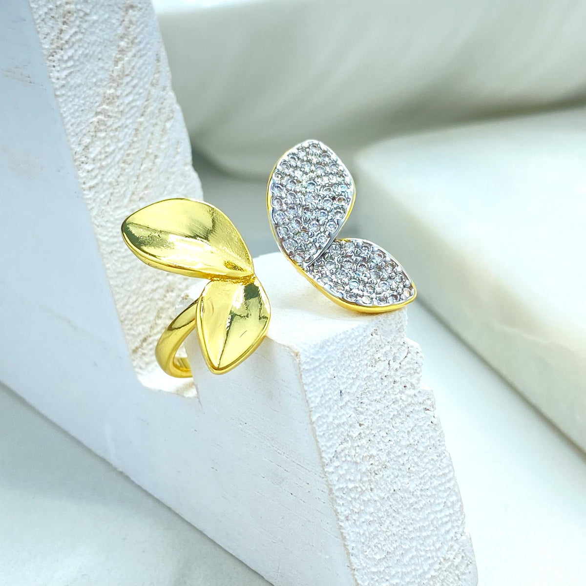 Gold Plated Adjustable Leaf Ring, Butterfly Inspired Double CZ Pave Design, Elegant Nature Jewelry, Wholesale Jewelry