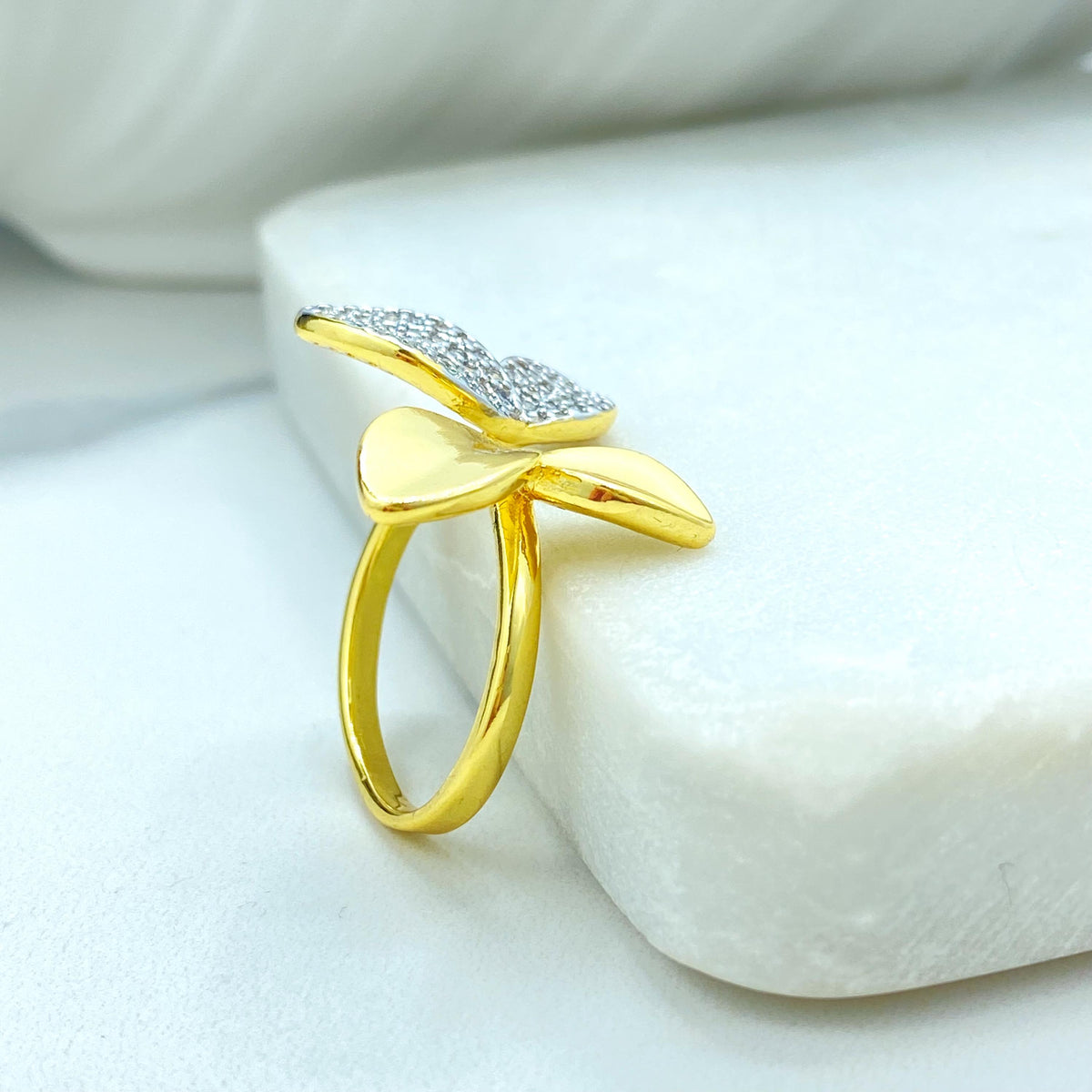 Gold Plated Adjustable Leaf Ring, Butterfly Inspired Double CZ Pave Design, Elegant Nature Jewelry, Wholesale Jewelry