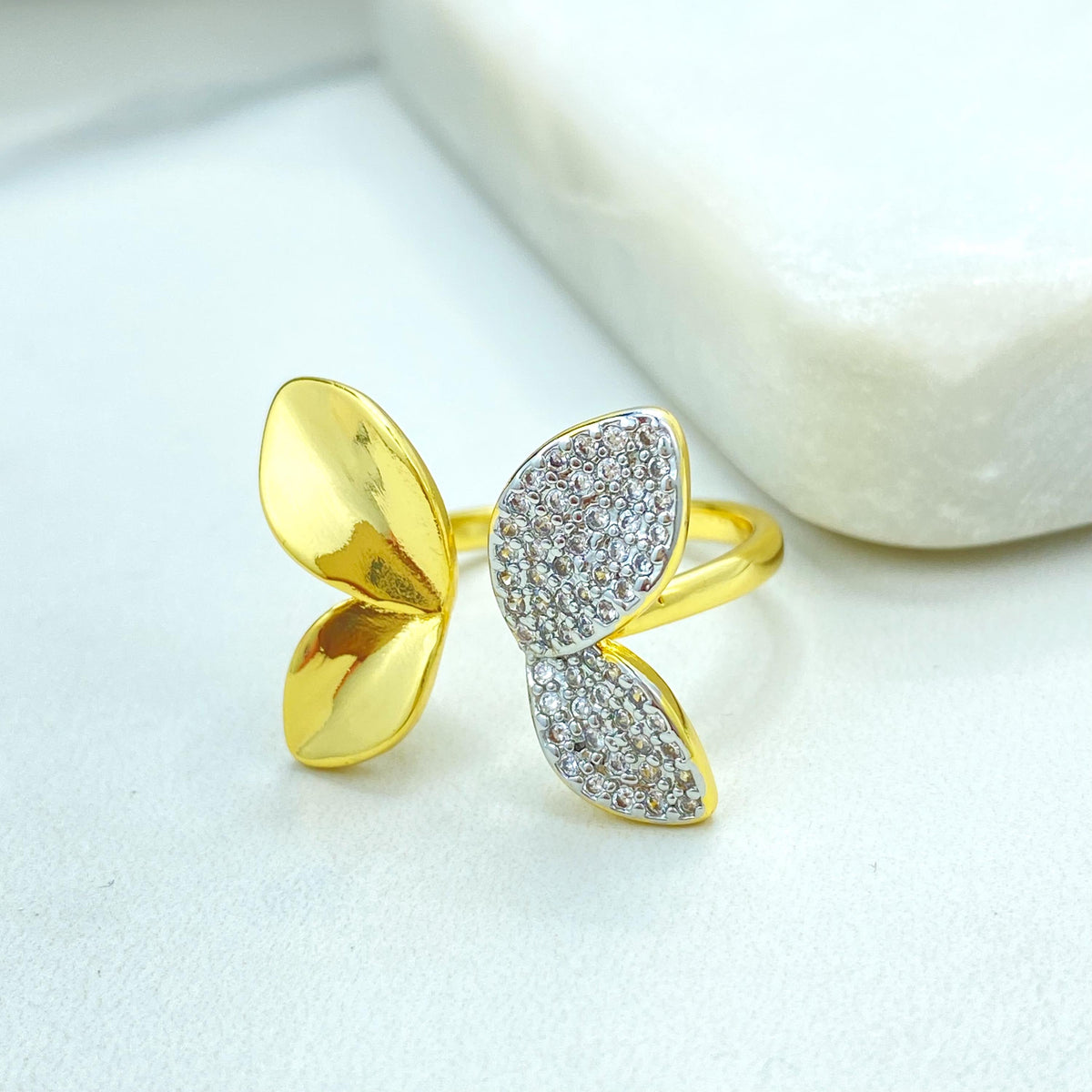 Gold Plated Adjustable Leaf Ring, Butterfly Inspired Double CZ Pave Design, Elegant Nature Jewelry, Wholesale Jewelry