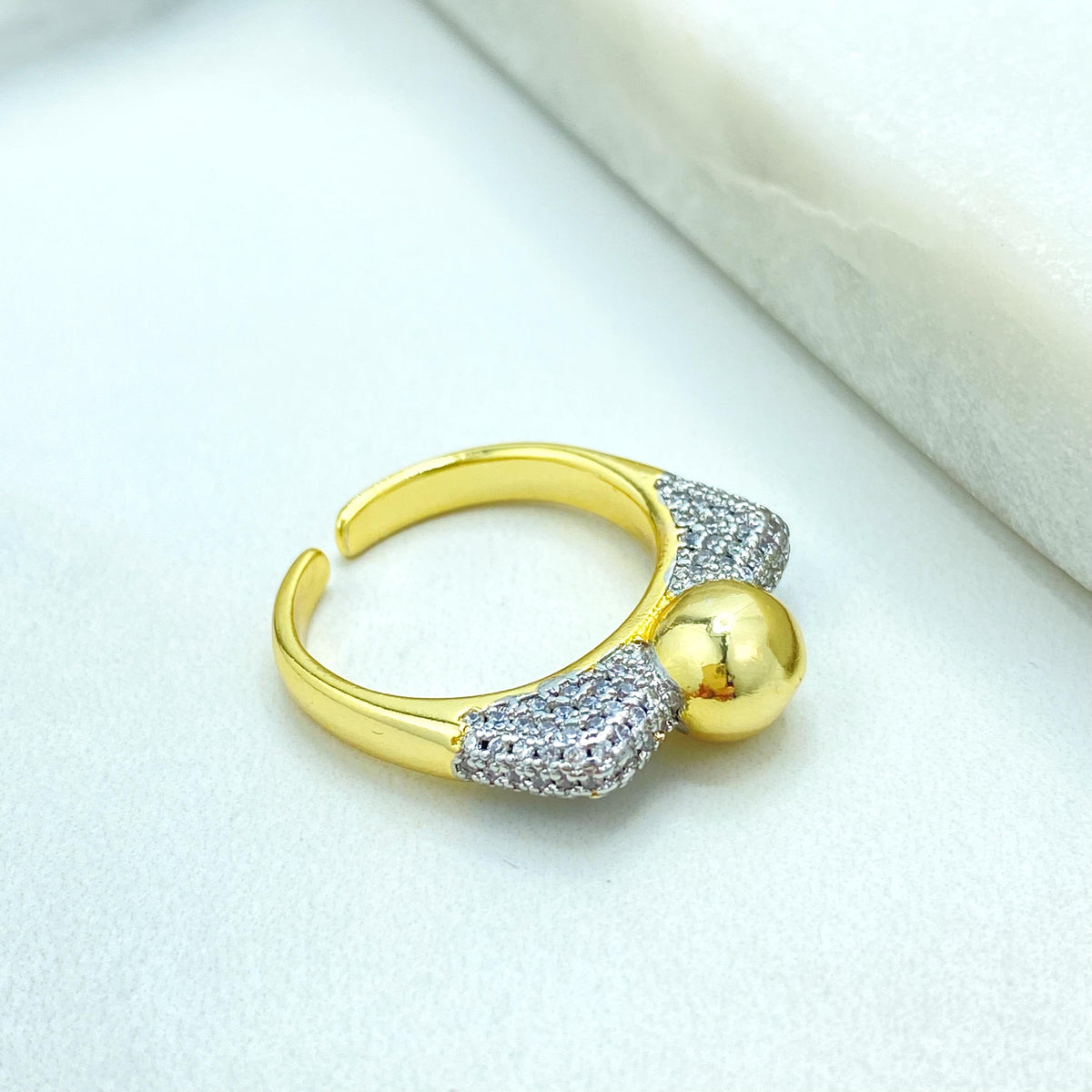 Gold Plated Adjustable Ball Ring, CZ Pave Side Design, Modern Minimalist Jewelry, Wholesale Jewelry