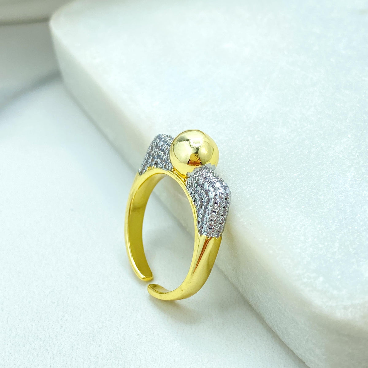 Gold Plated Adjustable Ball Ring, CZ Pave Side Design, Modern Minimalist Jewelry, Wholesale Jewelry