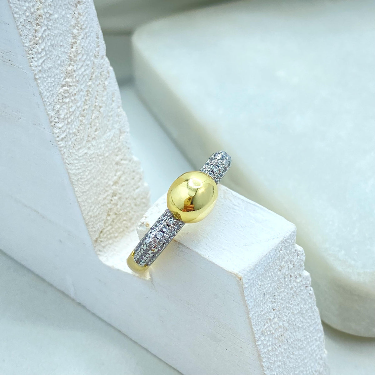 Gold Plated Adjustable Ball Ring, CZ Pave Side Design, Modern Minimalist Jewelry, Wholesale Jewelry