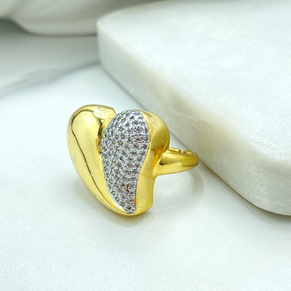 Gold Plated Adjustable Heart Ring, Half Pave Design, Romantic Statement Jewelry, Wholesale Jewelry