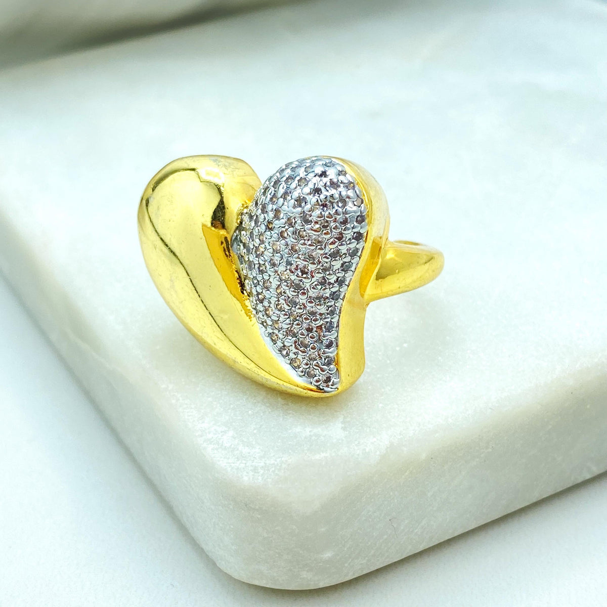 Gold Plated Adjustable Heart Ring, Half Pave Design, Romantic Statement Jewelry, Wholesale Jewelry