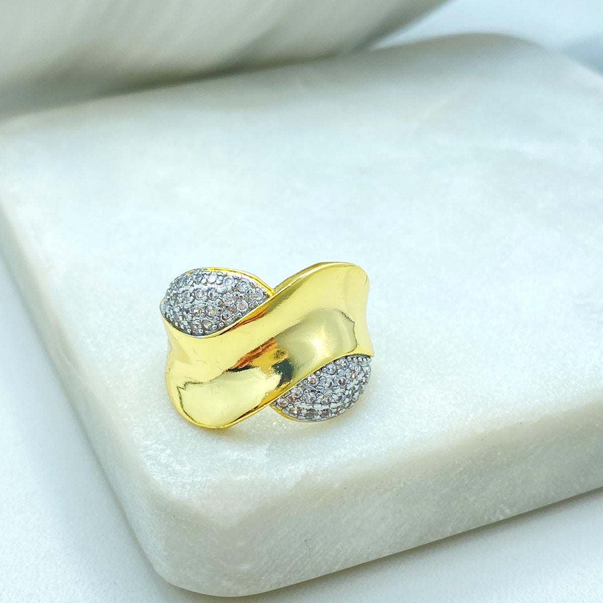 Gold Plated Adjustable Statement Ring, Wide Band Pave Design, Elegant CZ Details, Wholesale Jewelry