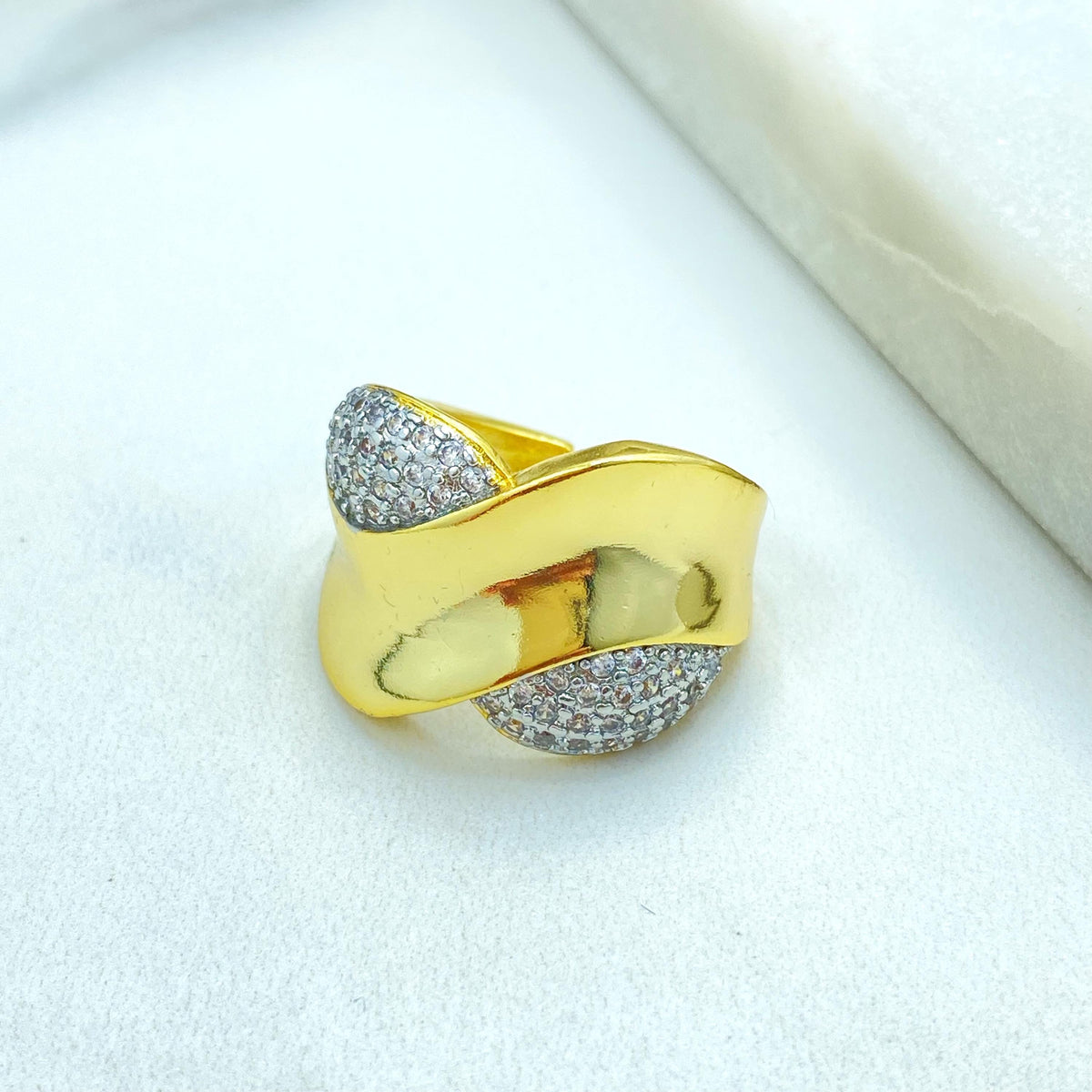 Gold Plated Adjustable Statement Ring, Wide Band Pave Design, Elegant CZ Details, Wholesale Jewelry