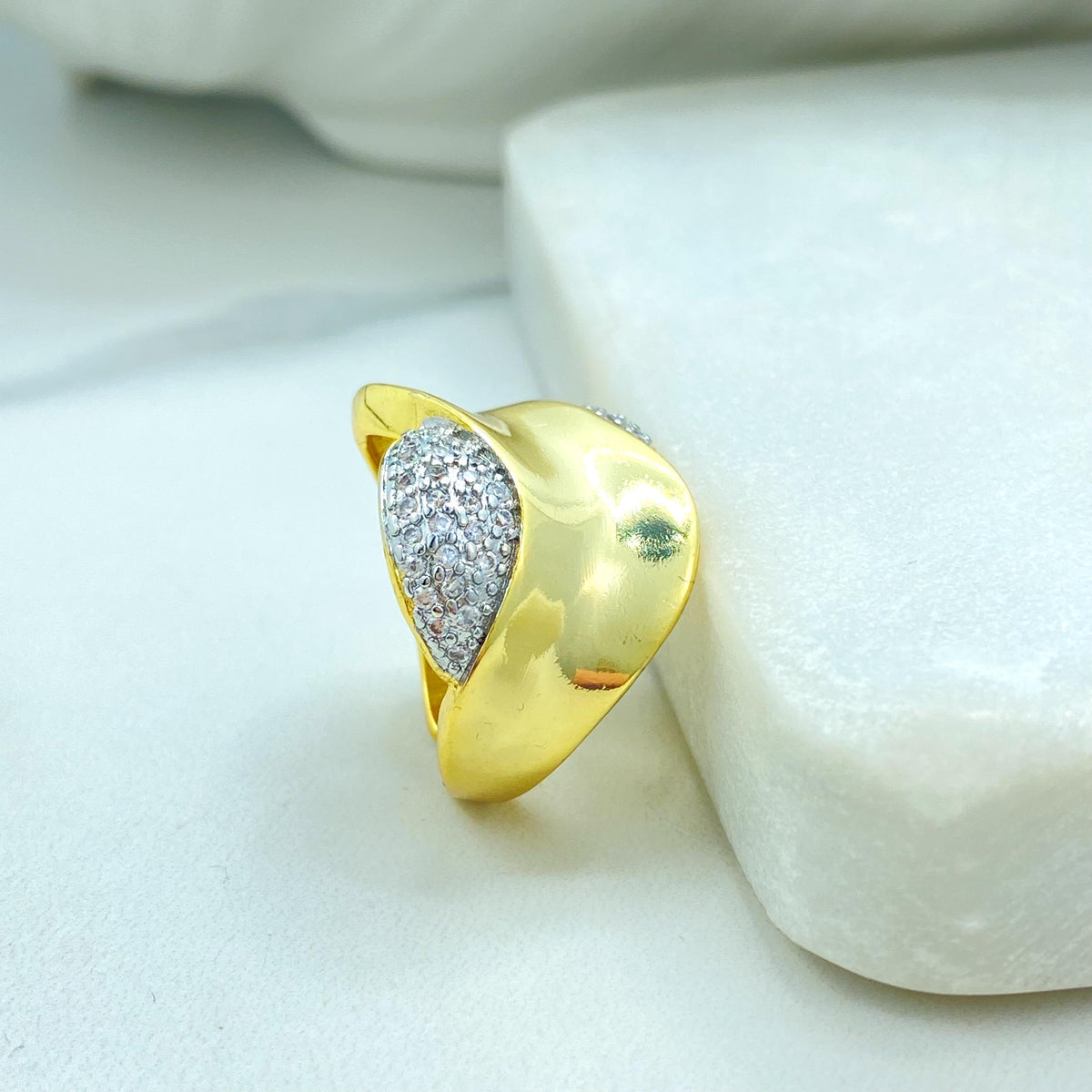 Gold Plated Adjustable Statement Ring, Wide Band Pave Design, Elegant CZ Details, Wholesale Jewelry