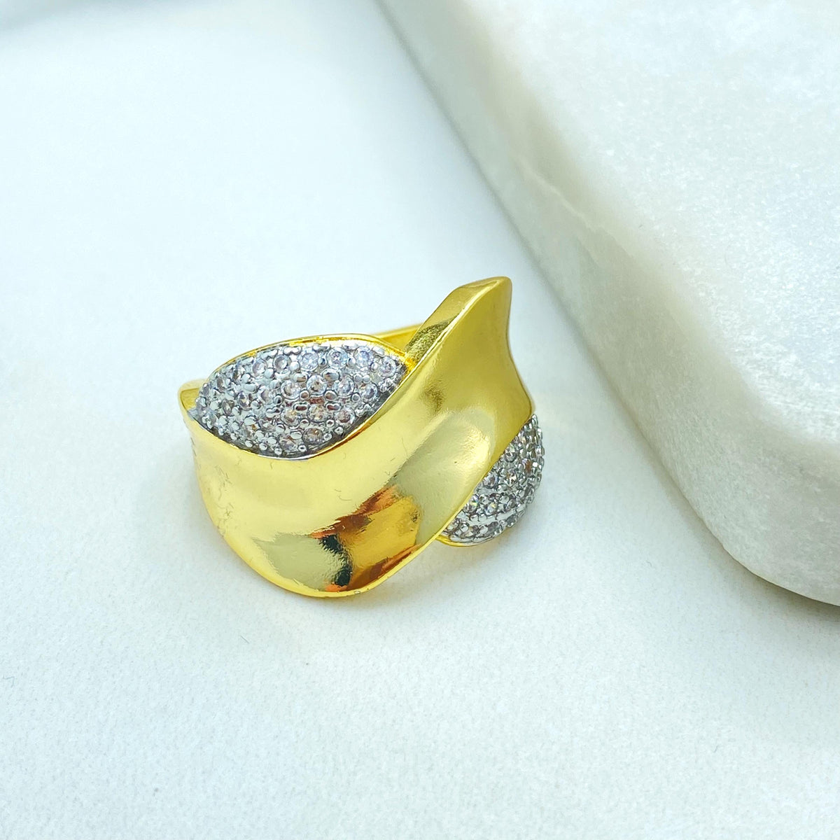 Gold Plated Adjustable Statement Ring, Wide Band Pave Design, Elegant CZ Details, Wholesale Jewelry
