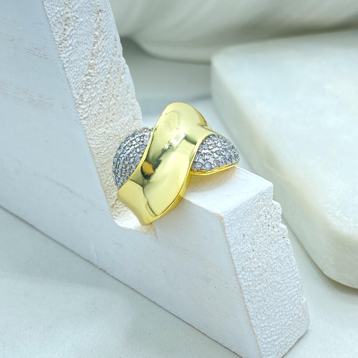 Gold Plated Adjustable Statement Ring, Wide Band Pave Design, Elegant CZ Details, Wholesale Jewelry