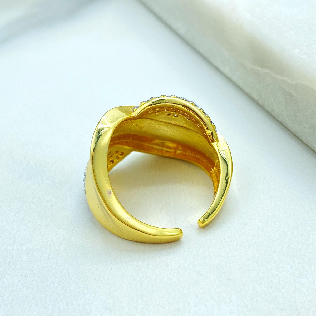 Gold Plated Adjustable Statement Ring, Wide Band Pave Design, Elegant CZ Details, Wholesale Jewelry