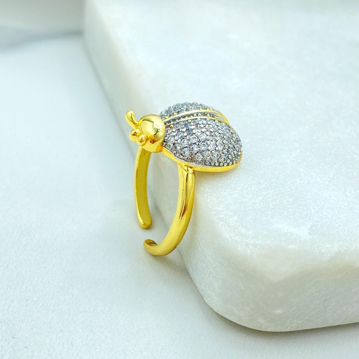 Gold Plated Adjustable Ladybug Ring, CZ Pave Insect Design, Cute Elegant Jewelry, Wholesale Jewelry