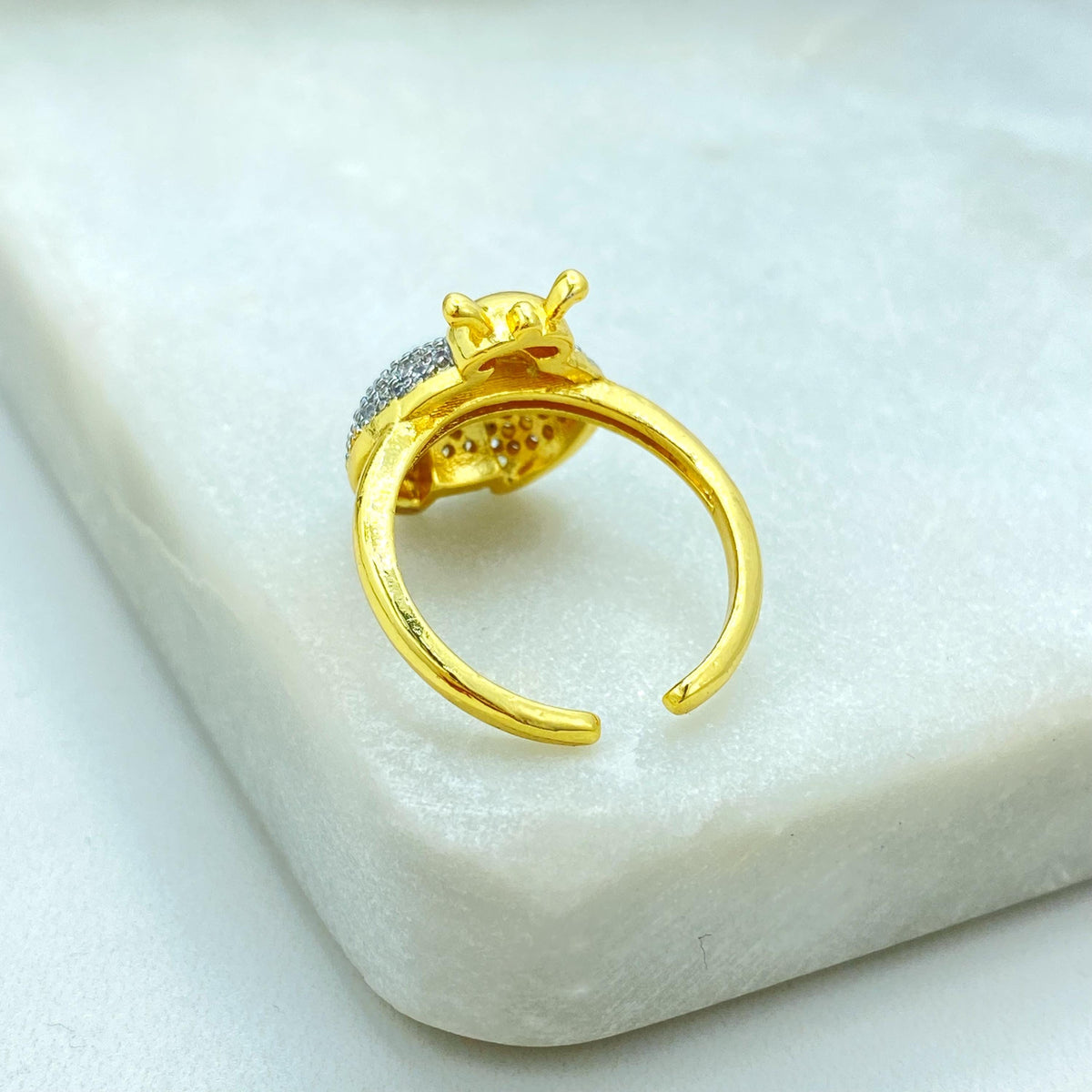 Gold Plated Adjustable Ladybug Ring, CZ Pave Insect Design, Cute Elegant Jewelry, Wholesale Jewelry