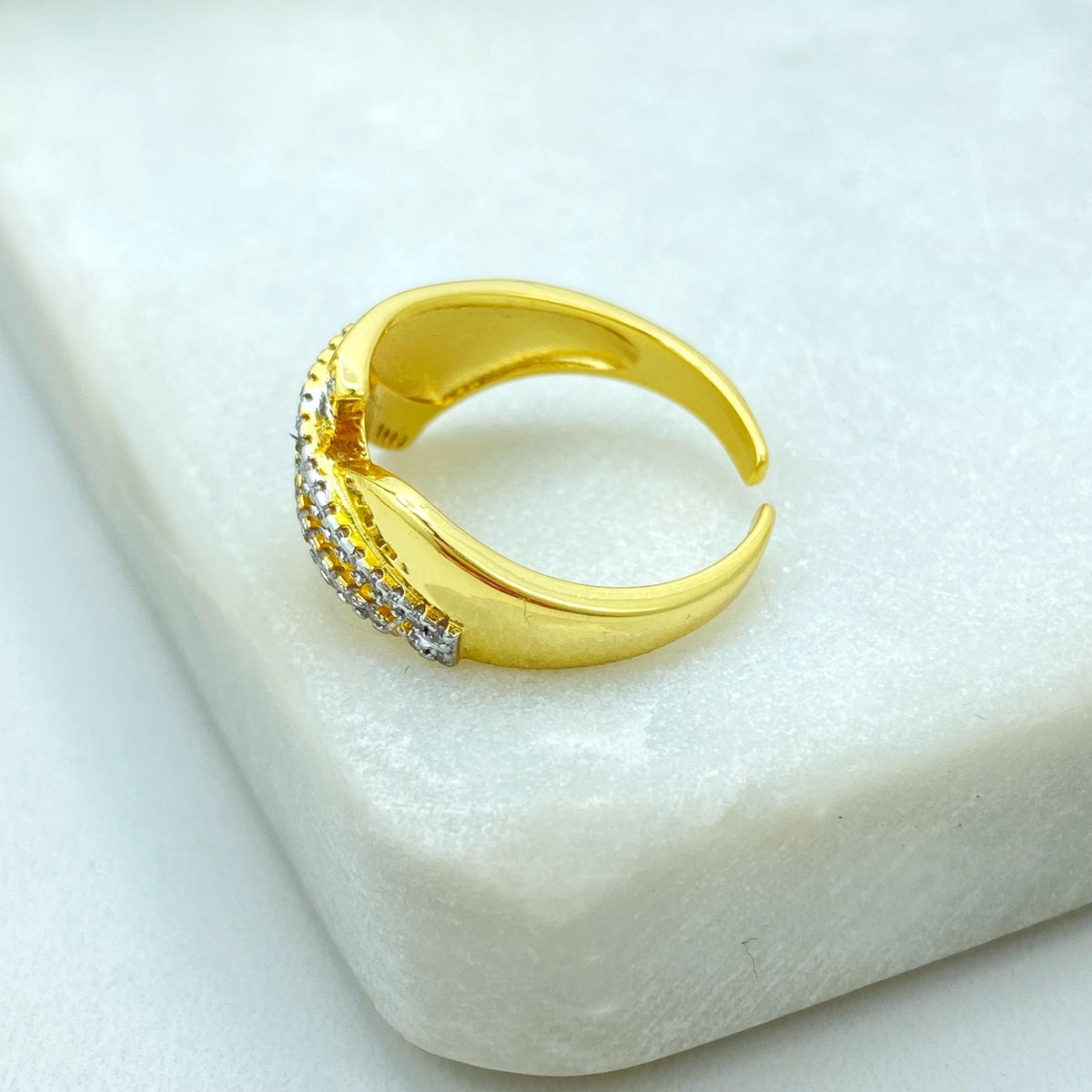 Gold Plated Adjustable Ring, Interlaced CZ Pave Design, Modern Statement Jewelry, Wholesale Jewelry