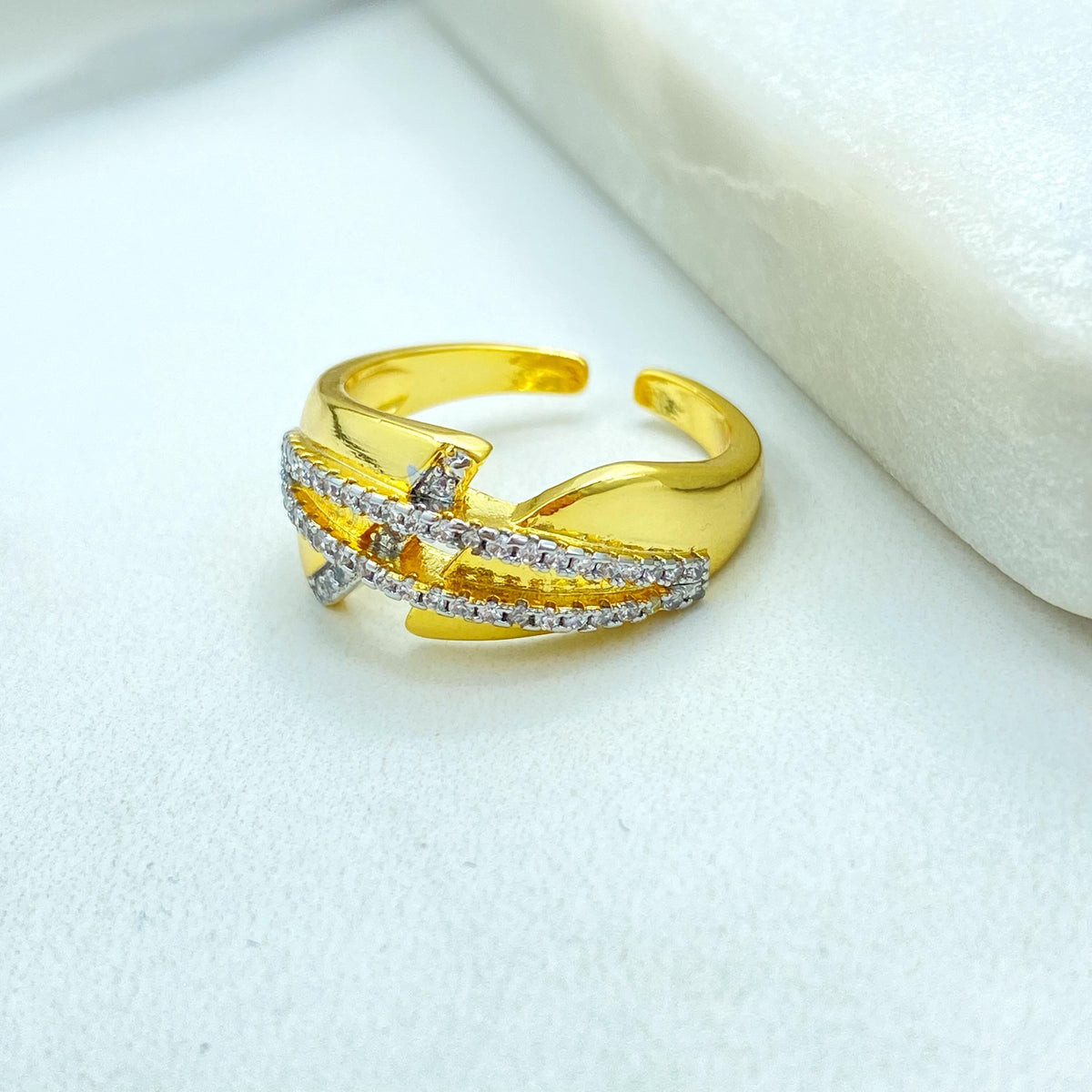 Gold Plated Adjustable Ring, Interlaced CZ Pave Design, Modern Statement Jewelry, Wholesale Jewelry