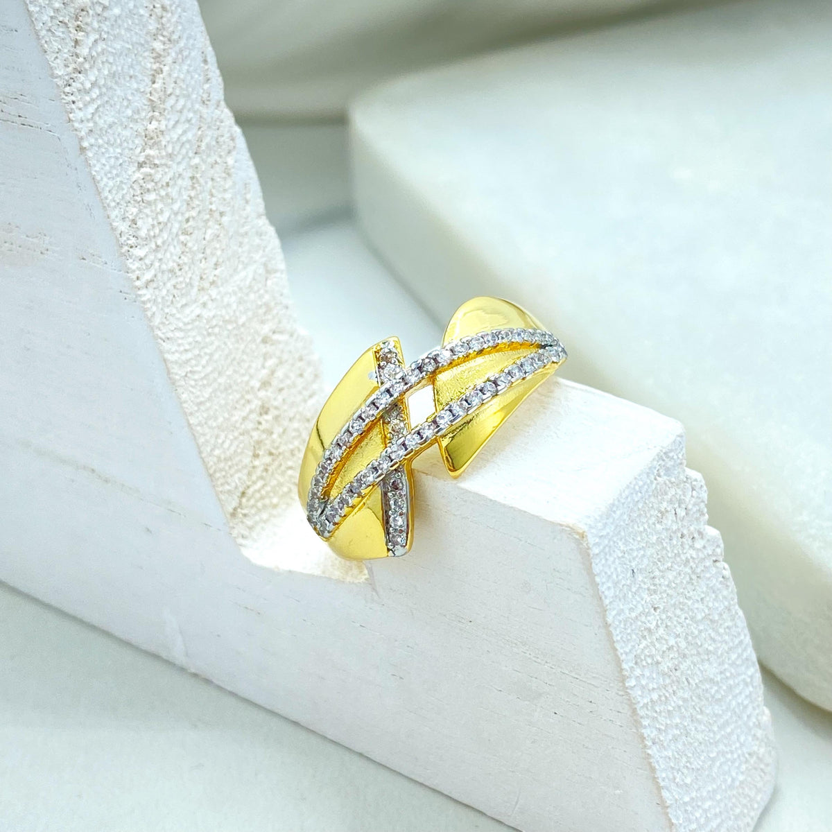 Gold Plated Adjustable Ring, Interlaced CZ Pave Design, Modern Statement Jewelry, Wholesale Jewelry