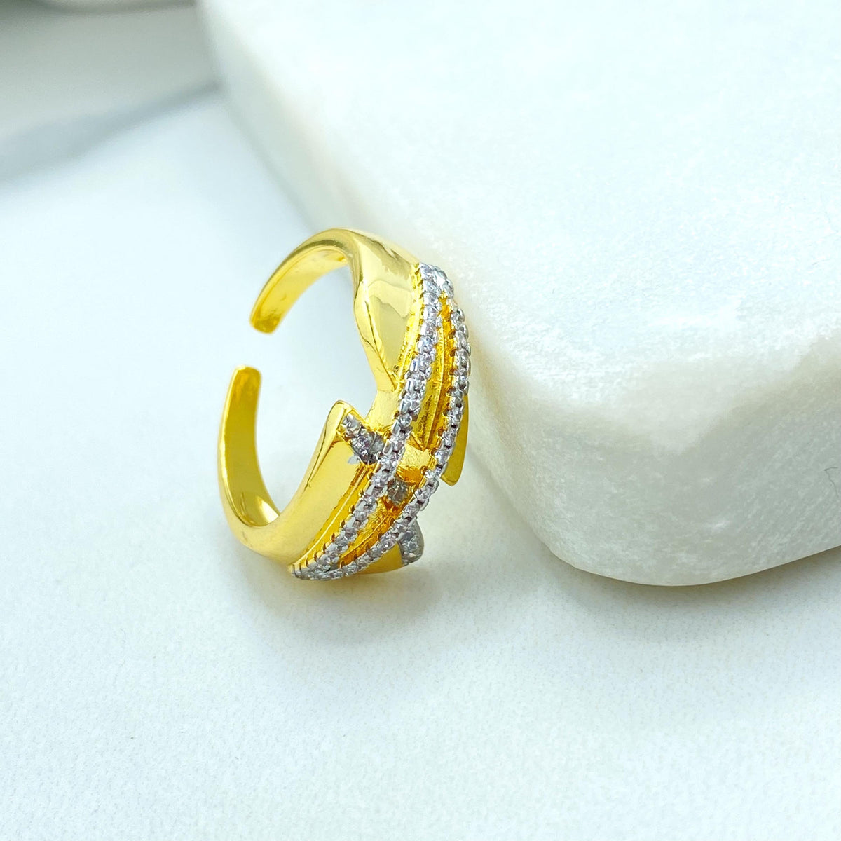 Gold Plated Adjustable Ring, Interlaced CZ Pave Design, Modern Statement Jewelry, Wholesale Jewelry