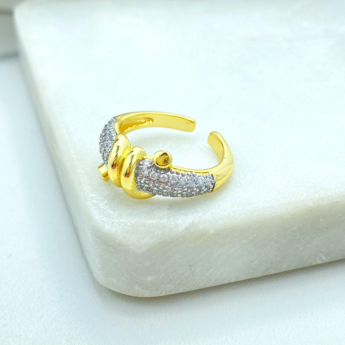 Gold Plated Adjustable Knot Ring, CZ Pave Detailing, Modern Elegant Statement Jewelry, Wholesale Jewelry