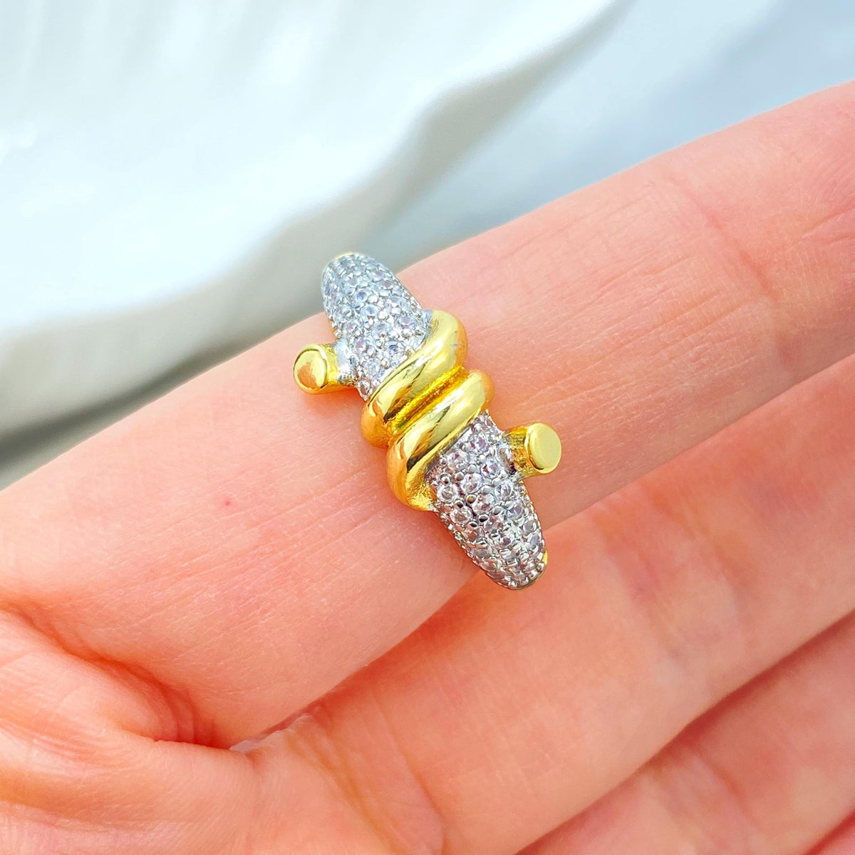 Gold Plated Adjustable Knot Ring, CZ Pave Detailing, Modern Elegant Statement Jewelry, Wholesale Jewelry