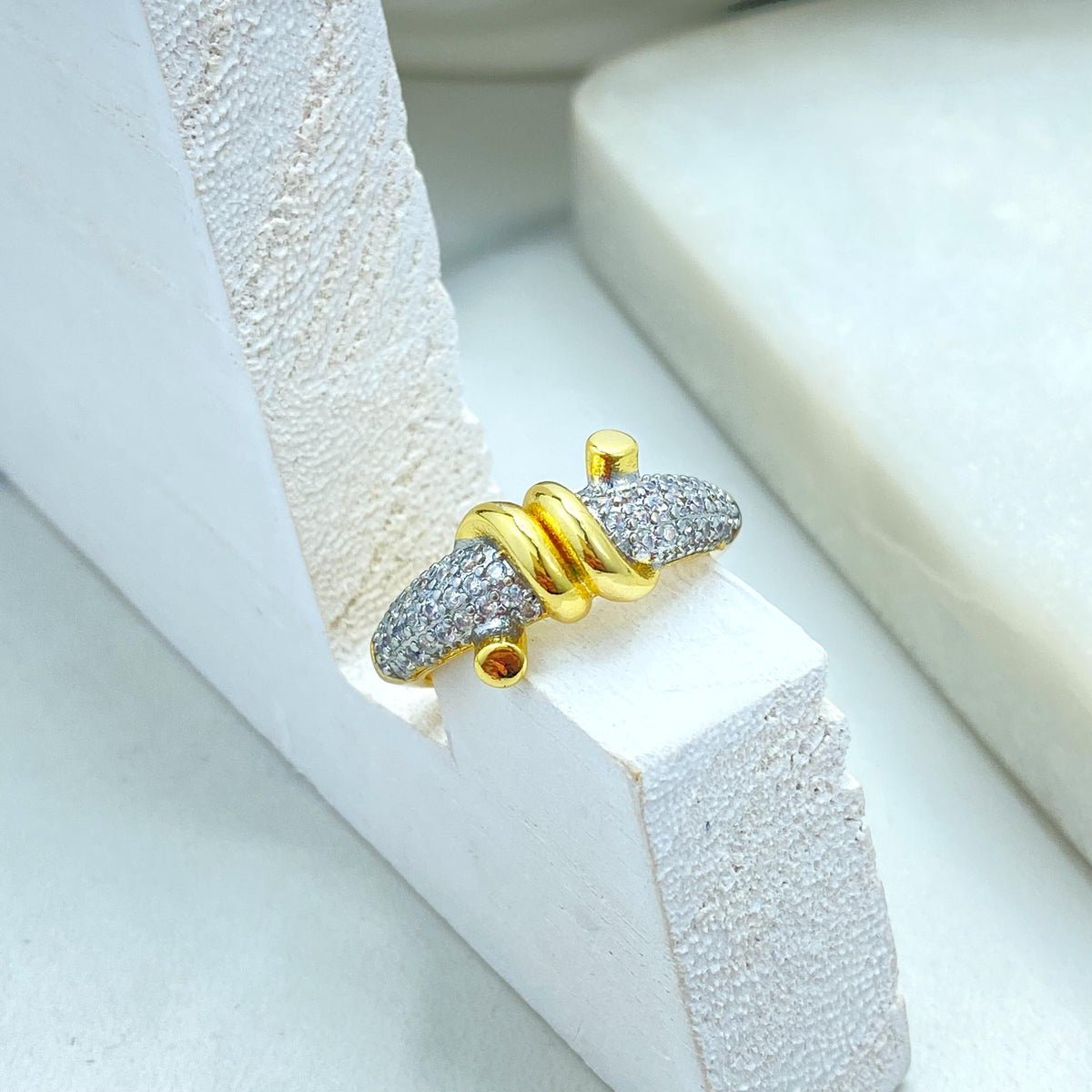 Gold Plated Adjustable Knot Ring, CZ Pave Detailing, Modern Elegant Statement Jewelry, Wholesale Jewelry