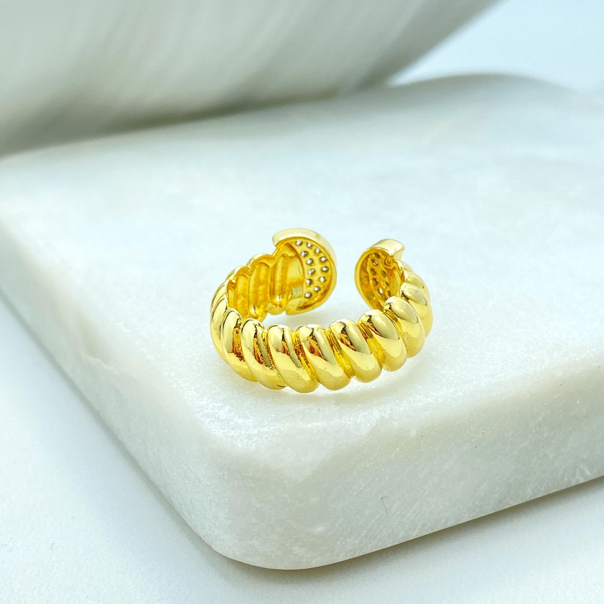 Gold Plated Adjustable Moon Ring, Double Crescent Design with CZ Pave, Wholesale Jewelry