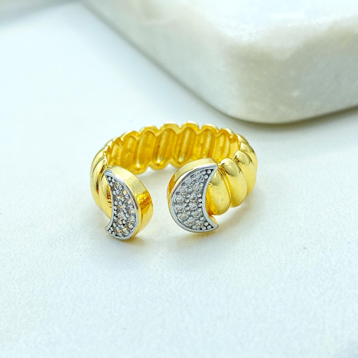Gold Plated Adjustable Moon Ring, Double Crescent Design with CZ Pave, Wholesale Jewelry