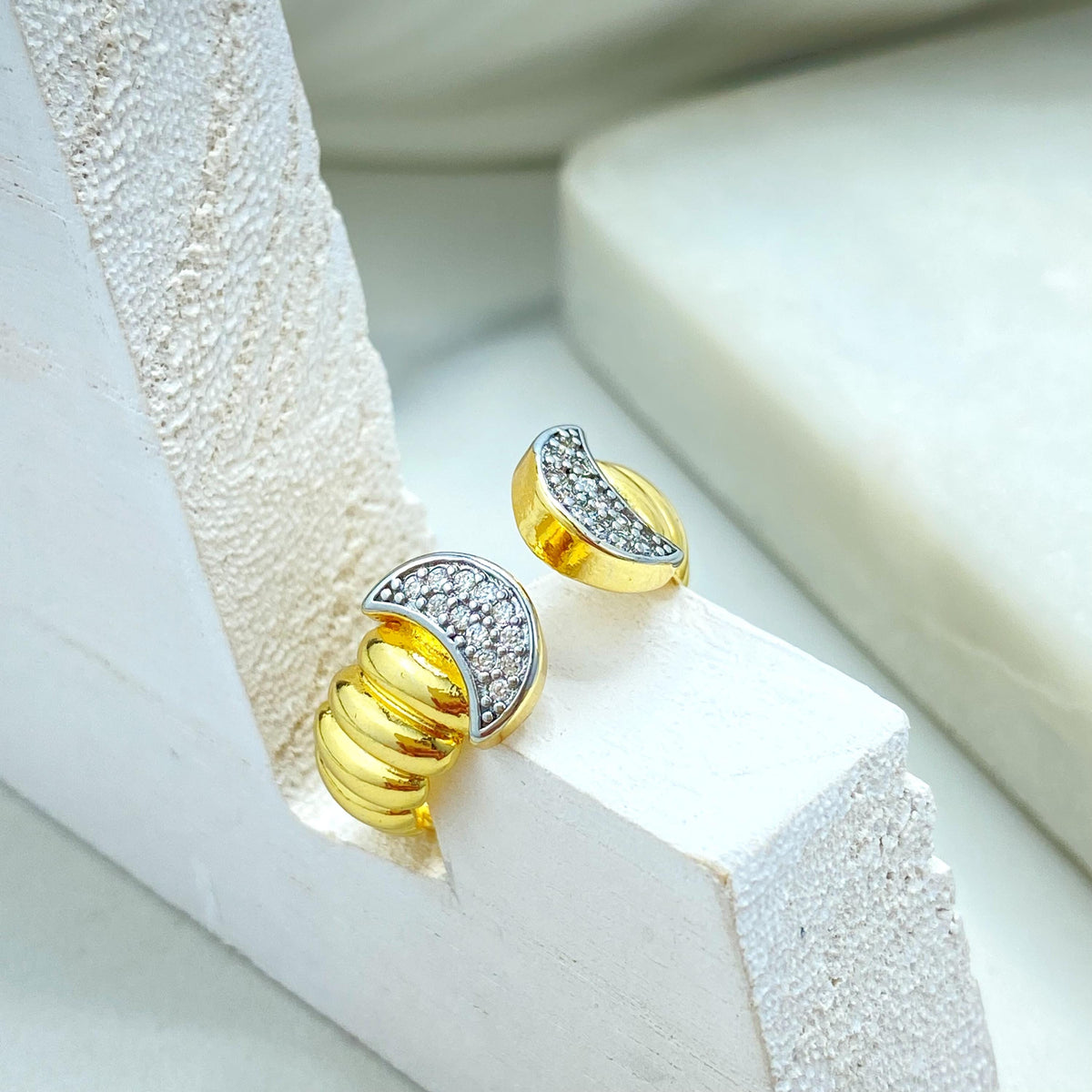 Gold Plated Adjustable Moon Ring, Double Crescent Design with CZ Pave, Wholesale Jewelry