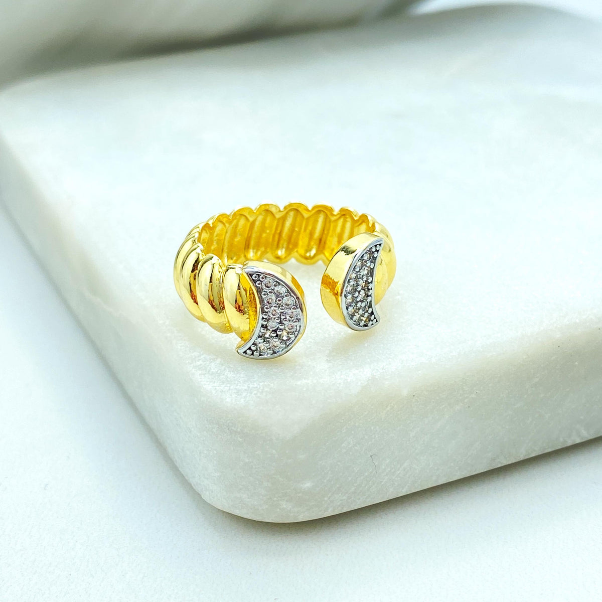 Gold Plated Adjustable Moon Ring, Double Crescent Design with CZ Pave, Wholesale Jewelry