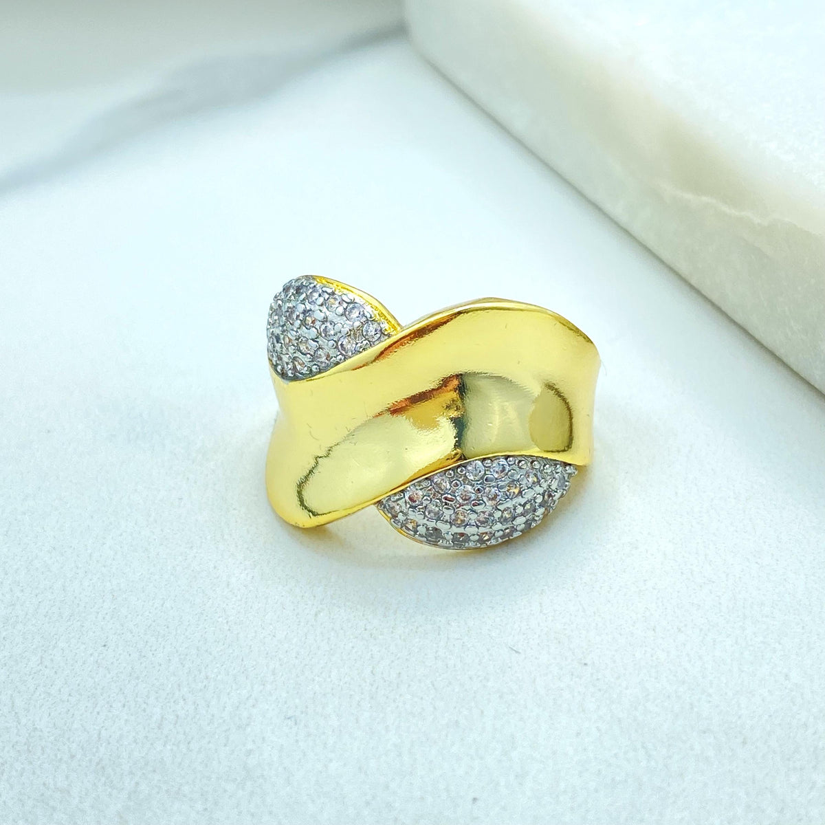 Gold Plated Adjustable Statement Ring, Wide Band Pave Design, Elegant CZ Details, Wholesale Jewelry