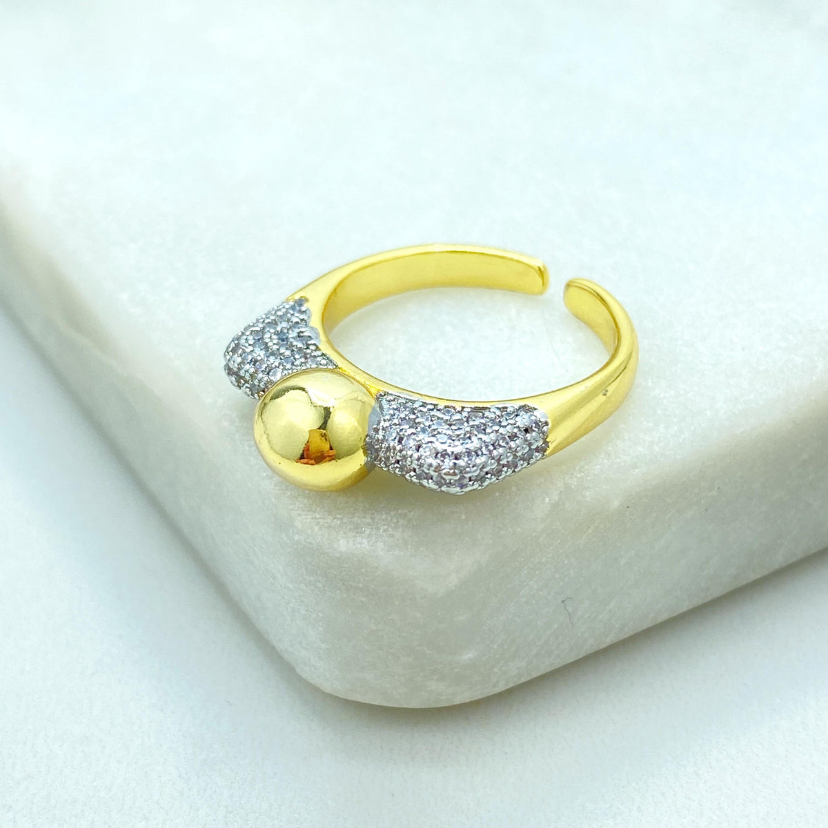 Gold Plated Adjustable Ball Ring, CZ Pave Side Design, Modern Minimalist Jewelry, Wholesale Jewelry