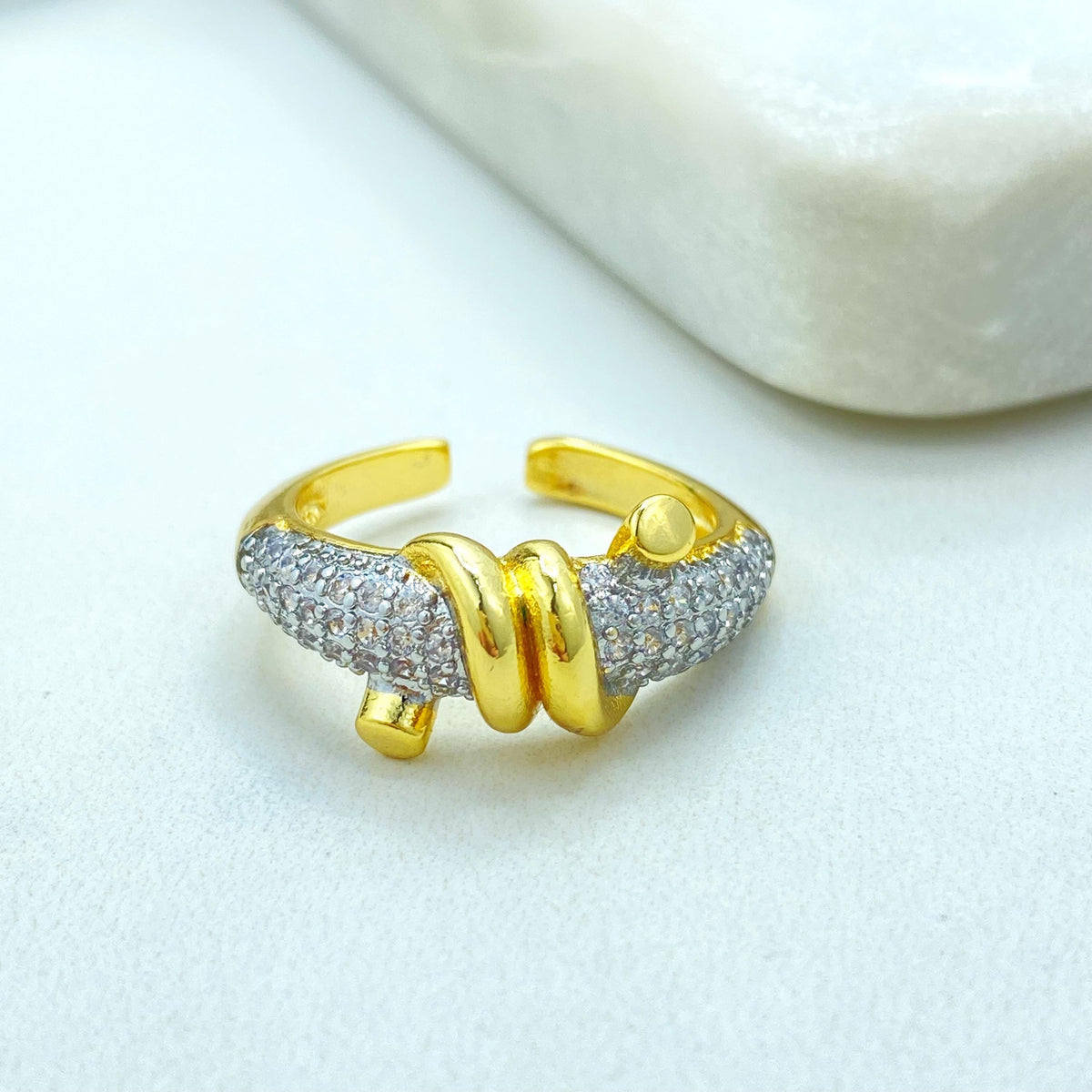 Gold Plated Adjustable Knot Ring, CZ Pave Detailing, Modern Elegant Statement Jewelry, Wholesale Jewelry