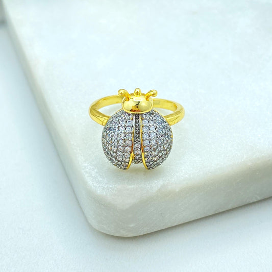 Gold Plated Adjustable Ladybug Ring, CZ Pave Insect Design, Cute Elegant Jewelry, Wholesale Jewelry