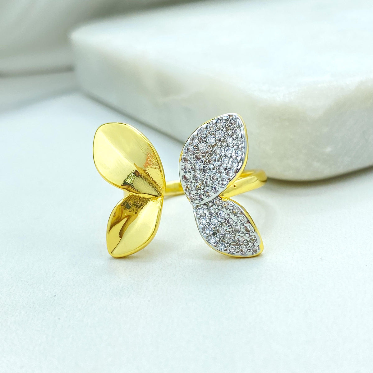 Gold Plated Adjustable Leaf Ring, Butterfly Inspired Double CZ Pave Design, Elegant Nature Jewelry, Wholesale Jewelry
