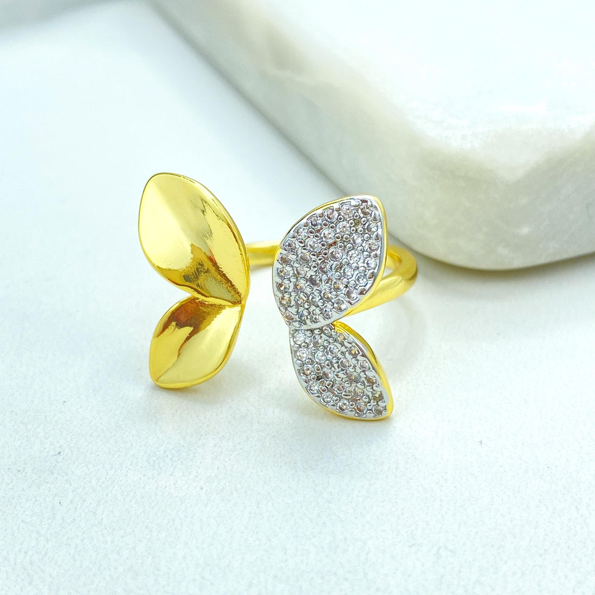 Gold Plated Adjustable Leaf Ring, Butterfly Inspired Double CZ Pave Design, Elegant Nature Jewelry, Wholesale Jewelry