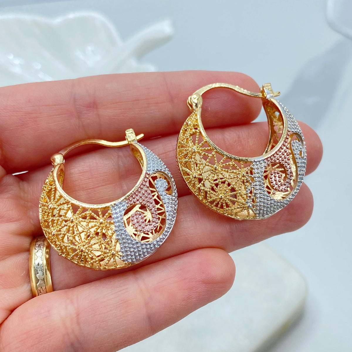 18k Gold Filled Three Tone Hoop Earrings, Textured Statement Design, Gift for Her, Wholesale Jewelry